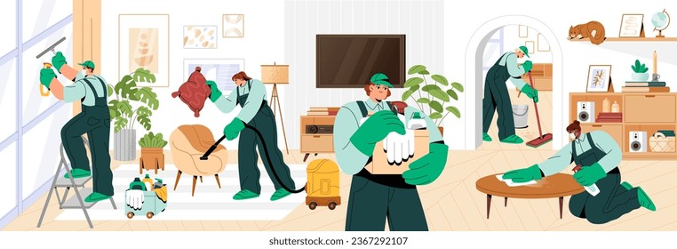 People in uniform work in cleaning service. Professional cleaners clean apartment, home interior. Experts with washing equipments: brush, mop, vacuum. Housework, housekeeping flat vector illustration