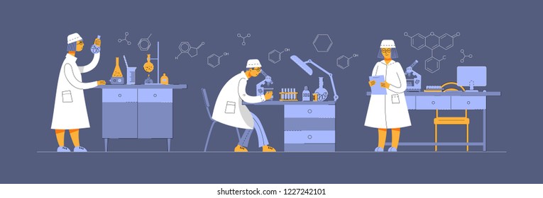 People in uniform are working in a laboratory. Chemical and Biological Laboratory. Concept for web site or scientific article. Illustration in modern flat linear style.