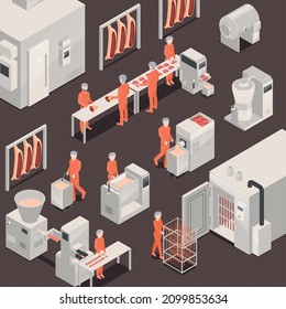 People in uniform working at processed meat production factory 3d isometric vector illustration