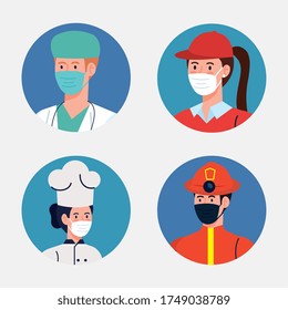 people with uniforms and workermasks design of Coronavirus 2019 nCov workers theme Vector illustration