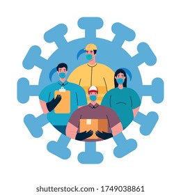 people with uniforms and workermasks design of Coronavirus 2019 nCov workers theme Vector illustration