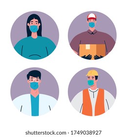 people with uniforms and workermasks design of Coronavirus 2019 nCov workers theme Vector illustration