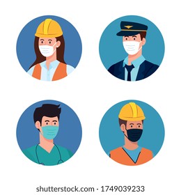 people with uniforms and workermasks design of Coronavirus 2019 nCov workers theme Vector illustration