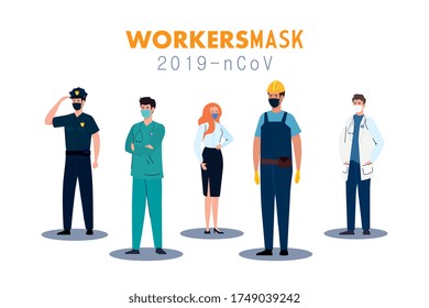 people with uniforms and workermasks design of Coronavirus 2019 nCov workers theme Vector illustration