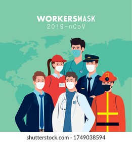 people with uniforms workermasks and world map design of Coronavirus 2019 nCov workers theme Vector illustration