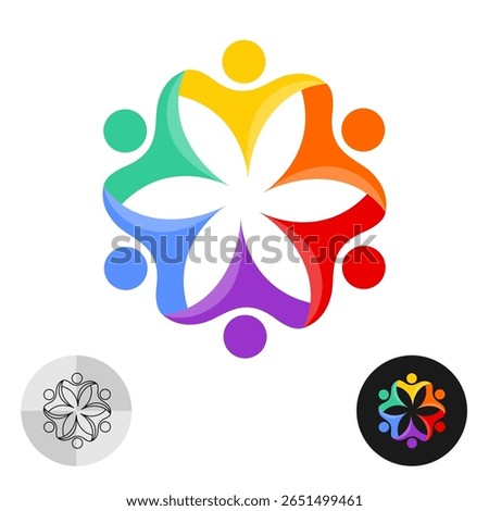 People union team logo with flower silhouette in a center. Teamwork round colorful symbol. Public entertainment rainbow colors sign