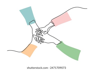 People unite their hands together continuous line drawing. Trendy teamwork concept. Vector illustration minimalist design hand drawn.