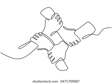 People unite their hands together continuous line drawing. Trendy teamwork concept. Vector illustration minimalist design hand drawn.