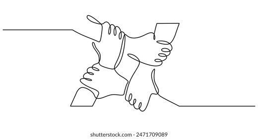 People unite their hands together continuous line drawing. Trendy teamwork concept. Vector illustration minimalist design hand drawn.