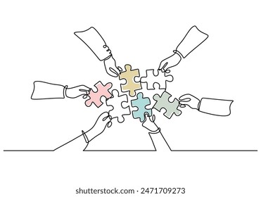 People unite their hands together continuous line drawing. Trendy teamwork concept. Vector illustration minimalist design hand drawn.