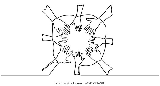 People unite their hands together continuous line drawing isolated background for Teamwork concept, One continuous line drawing group of young male and female business people unite their hands. design