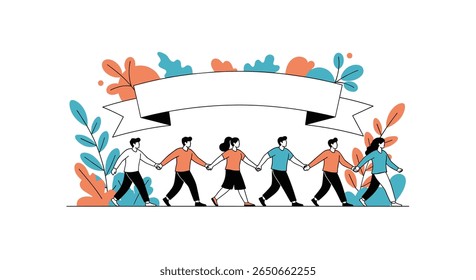 People united holding hands in a line surrounded by nature illustration with a blank banner above