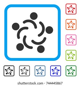 People Unity icon. Flat gray iconic symbol inside a blue rounded squared frame. Black, gray, green, blue, red, orange color variants of People Unity vector. Designed for web and application UI.