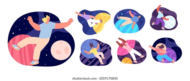 People in universe. Flying characters, adults dreaming. Modern woman experience, dream or explore astronomy. Man pushes mind boundaries utter vector set