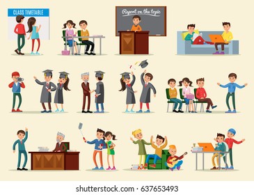 People in university collection with graduation celebration and students in different situations isolated vector illustration