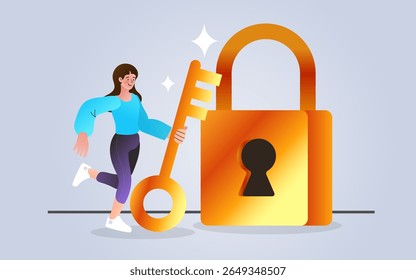 people unlocking padlock with key. Businessman unlocking a large padlock with a golden key, symbolizing the key to success, breakthrough, and business solution. modern vector, flat design , EPS.