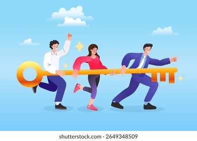 people unlocking padlock with key. Businessman unlocking a large padlock with a golden key, symbolizing the key to success, breakthrough, and business solution. modern vector, flat design , EPS.