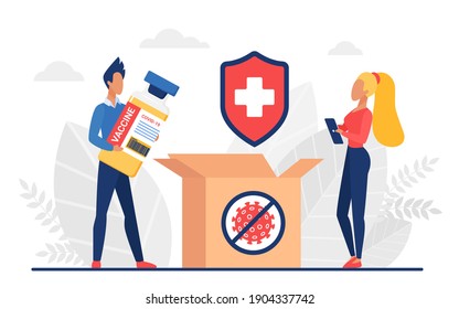 People unpack parcel box order with vaccine vector illustration. Cartoon man character holding coronavirus vaccine medical bottle, woman with phone ordering medicines for vaccination isolated on white