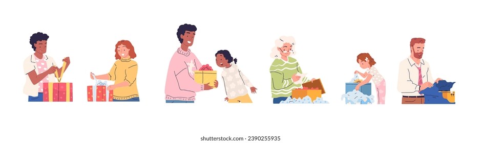 People unpacking gifts. Person characters opening presents, customer getting bonus or grants, woman holding gift open parcel box, romantic surprise vector illustration of present holiday by character