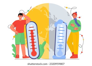 People with unstable weather temperature. Man in Tshirt stands near thermometer in hot weather, young guy in winter season in jacket and scarf. Climate change. Cartoon flat vector illustration