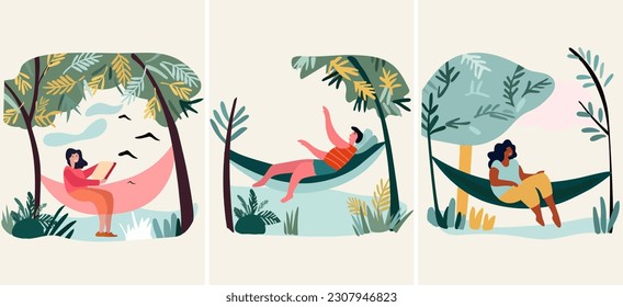 People unwinding by the seaside. People lounging in beachside hammocks, delighting in the warmth of the outdoor sun. A depiction of a holiday atmosphere.Vector Illustration.