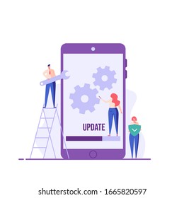 People updating operation system with progress bar. Software upgrade and installation program. Concept of system update, integration, software installation. Vector illustration for UI, mobile app