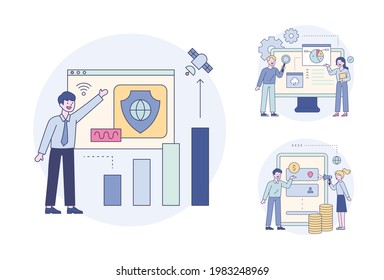 Personas actualizando la seguridad en línea, personas haciendo transacciones financieras en línea, expertos revisando los resultados del análisis de gráficos. Esquema de diseño plano estilo de ilustración vectorial mínimo conjunto.