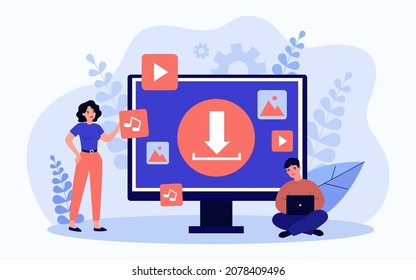 People uploading multimedia files via computer. Music, video available for download for tiny woman and man flat vector illustration. Torrent concept for banner, website design or landing web page