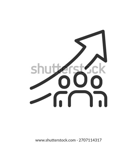 People with upward arrow, linear icon. Population or employee growth. Line with editable stroke.