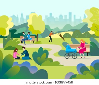 People   in  urban park, city skyline on the background.Vector illustration.