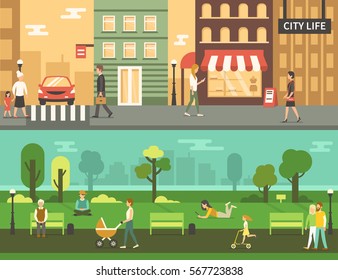 People in urban park and city street. Vector concept illustration. Infographic elements.