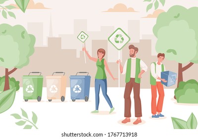 People in urban park recycling waste vector flat illustration. Man and woman hold placards with recycle sign. Separate waste, protect nature, garbage collection, sorting, and recycling concept.