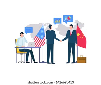 People From Us And China Representatives Vector, Men Shaking Hands, Bosses With Flags Of Country. Person Sitting By Table Typing Info On Laptop Flat Style. Business Betwen USA And China