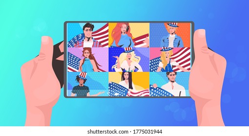 people with usa flags celebrating 4th of july american independence day celebration online communication concept tablet screen horizontal portrait vector illustration