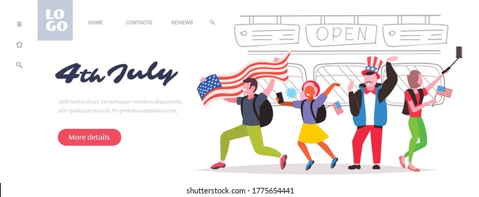 people with usa flags celebrating 4th of july american independence day celebration concept mix race friends having fun full length horizontal copy space vector illustration