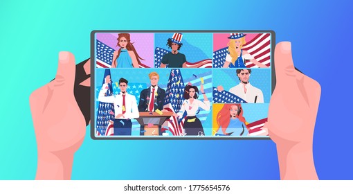 people with usa flags celebrating 4th of july american independence day celebration online communication concept tablet screen horizontal portrait vector illustration