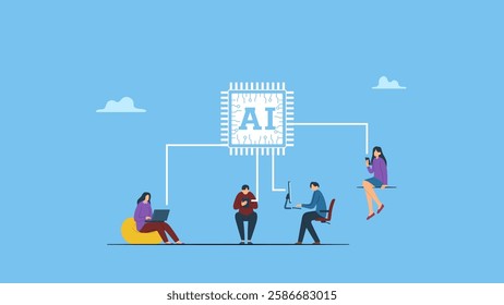 People use AI to help their works. Embrace AI, Artificial Intelligence adoption, user or people who use AI to help and support work success, innovation or revolution to change business concept.