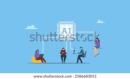 People use AI to help their works. Embrace AI, Artificial Intelligence adoption, user or people who use AI to help and support work success, innovation or revolution to change business concept.