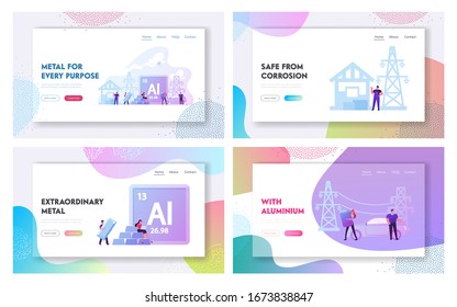 People Use Aluminium in Life Landing Page Template Set. Ai Periodic Table Chemical Element, Cars and Metal Package, High Voltage Power Line and Transformer Box. Cartoon Characters Vector Illustration