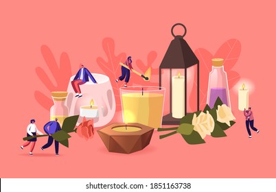 People Use Aroma Candles at Home Concept. Tiny Male and Female Characters with Various Huge Candles in Glass and Ceramics Candlesticks, Herbs, Flowers and Oils in jars. Cartoon Vector Illustration