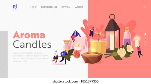 People Use Aroma Candles at Home Landing Page Template. Tiny Characters with Various Huge Candles in Glass and Ceramics Candlesticks, Herbs, Flowers and Oils in Jars. Cartoon Vector Illustration