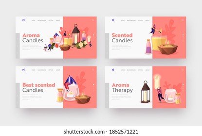 People Use Aroma Candles at Home Landing Page Template Set. Tiny Characters with Various Huge Candles in Glass and Ceramics Candlesticks, Herbs, Flowers and Oils in Jars. Cartoon Vector Illustration