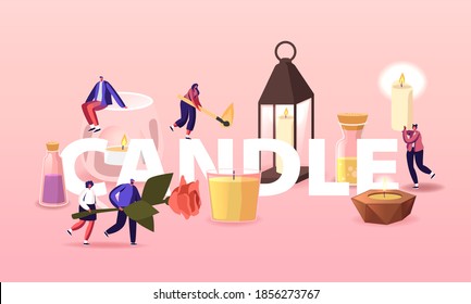 People Use Aroma Candles at Home Concept. Tiny Characters with Huge Candles in Glass and Ceramics Candlesticks, Herbs, Flowers and Oils in Jars Poster Banner Flyer. Cartoon People Vector Illustration