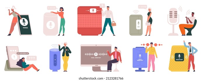 People use audio smart speaker or virtual voice assistant. Cartoon user with voice assistants devices, vector illustration set. Digital voice assistants. Equipment with command recognition