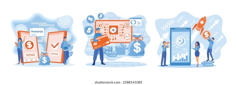 People use banking services on mobile phones. Carrying out financial transactions.People make non-cash payment transactions. Financial transactions concept. Set flat vector illustration.