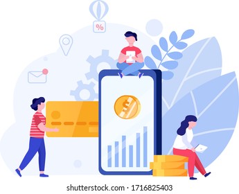 People use banking system and pay online concept and vector illustration on white background. Save cash and accumulation of money. Female and male characters with gold coins. Flat style.