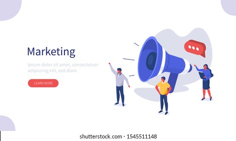 People use Big Loudspeaker to Communicate with Audience. PR Agency Team work on Social Media Promotion. Public Relation, Digital Marketing and Media Concept. Flat Isometric Vector Illustration.
 - Shutterstock ID 1545511148