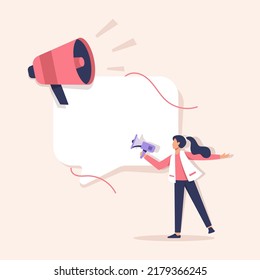 People use Big Loudspeaker to Communicate with Audience. PR Agency Team work on Social Media Promotion. Public Relation, Digital Marketing and Media Concept. Flat Isometric Vector Illustration