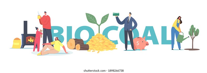 People Use Bio Coal Concept. Family Characters Heating Home with Biological Coal, Wood Logs and Pallets. Ecology Protection, Natural Alternative Fuel Poster, Banner, Flyer. Cartoon Vector Illustration