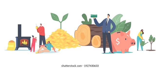La Gente Utiliza El Concepto De Biocarbón. Caracteres familiares Calentando el hogar con carbón biológico en la chimenea, leñadores de madera y pellets con brote verde. Ecología, Combustible Alternativo Natural. Ilustración del vector de dibujos animados